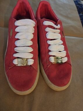 PUMA fuschia Hot Pink 50th Anniversary Womens 8 Shoes Glitter '1968' Lace Locks